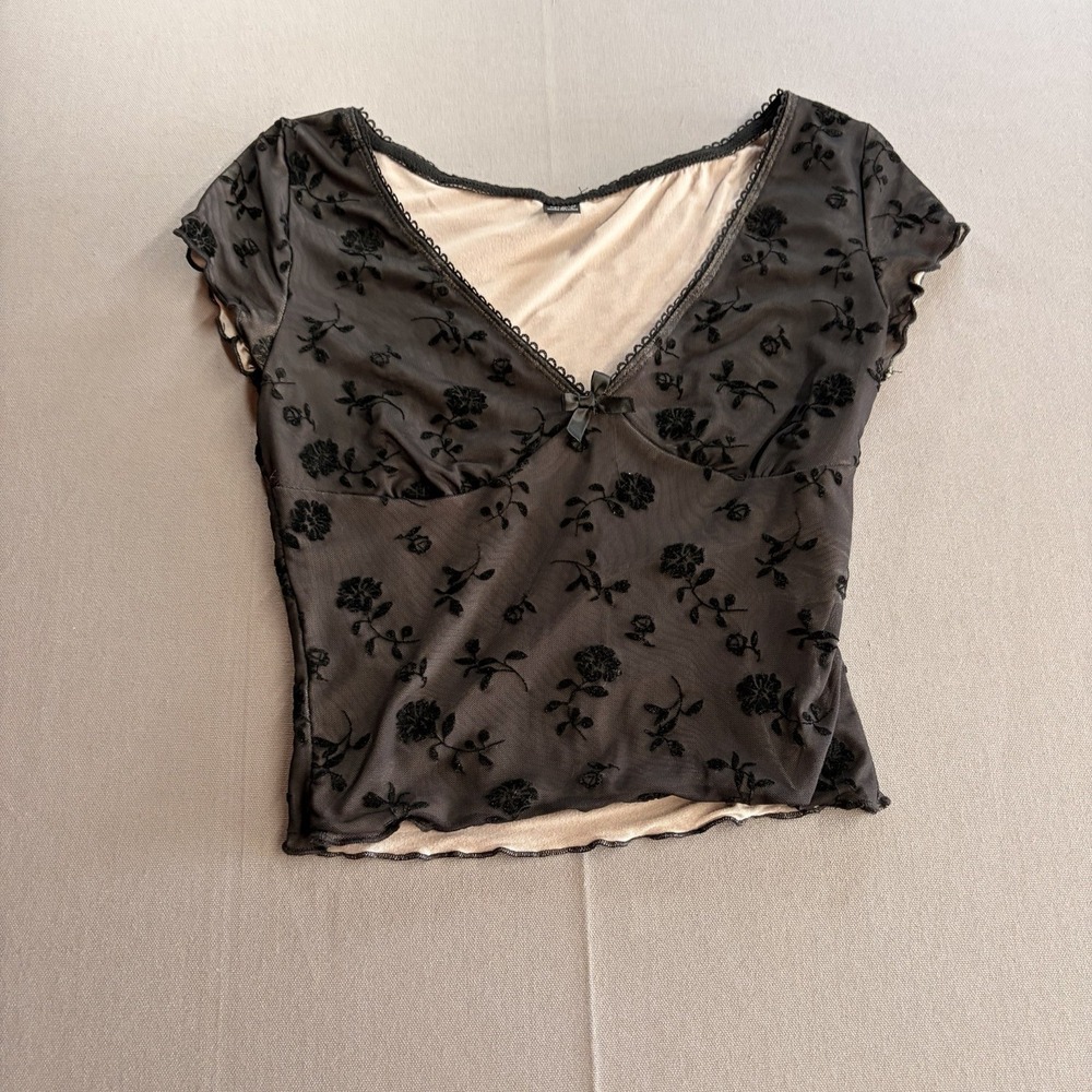 SHEIN Womens S Black Mesh Floral Flocked Baby Tee Coquette Y2K Sheer Top